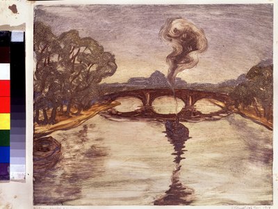 Egy hajó a Szajnán. (Egy csónak a Szajnán). Peinture de Jelisaveta (Erzsébet) Szergejevna Kruglikova (Elizaveta Sergeevna Krouglikova) (1865-1941), estampe (monotípia) alkotó: Yelisaveta Sergeyevna Kruglikova