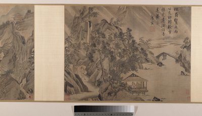 Tájképek (nyolc albumlevél kéziratos tekercsbe fűzve; tus és szín, selyem) alkotó: Yin Tang