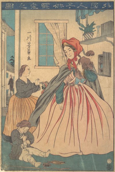 Egy külföldi élvezi gyermekeit, 1860 10. hónap. alkotó: Yoshikazu
