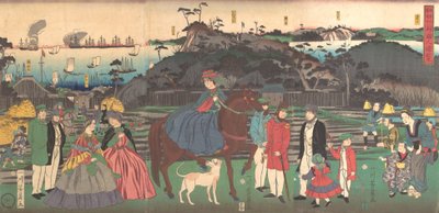 Külföldiek látogatása a Gongen-hegy híres lelőhelyén Kanagawában, 1861. második hónapja. alkotó: Yoshikazu