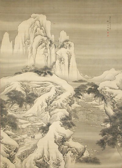 Fogadó és utazók Havas-hegységben, 1745-ben. alkotó: Yuan Yao
