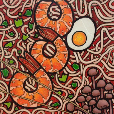 Ramen noodle Shrimp, 2023 (vegyes technika, fatábla) alkotó: Yue Zeng