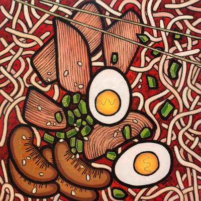 Ramen tésztás csirke, 2023 (vegyes technika, fatábla) alkotó: Yue Zeng