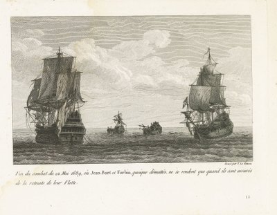 Einde van het gevecht van Jan Bart op 22 mei, 1689 Az 1689. május 22-i harc vége, ahol Jean-Bart és Forbin, bár leleplezték magukat, csak akkor adják meg magukat, amikor biztosították flottájuk visszavonulását (cím a tárgyon) Jean-Bart, az Es főnöke harcai alkotó: Yves Marie Le Gouaz