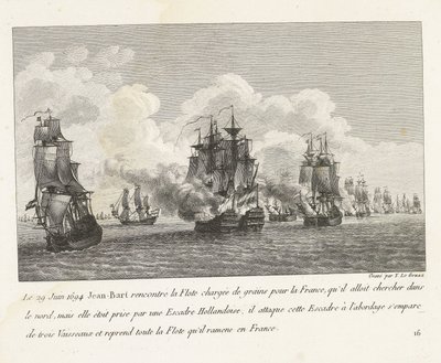 Jan Bart hervert graanschepen a Hollands eskaderben, 1694 1694. június 29-én Jean-Bart találkozott a Franciaországnak szánt gabonával megrakott flottával (...), és átvette az egész flottát, amelyet visszavitt Franciaországba (cím a tárgyon) Jean-Bart, az E alkotó: Yves Marie Le Gouaz