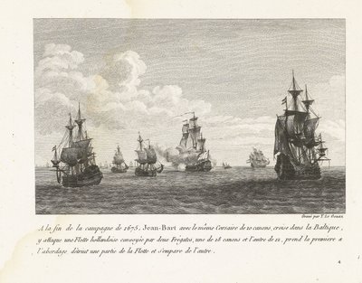 Jan Bart valt Hollandse schepen in de Baltische zee aan, 1675 Az 1675-ös hadjárat végén Jean-Bart ugyanazzal a 10 ágyús Corsair-rel a Balti-tengeren cirkál, ott megtámad egy holland flottát (...) (cím a tárgyon) Jean-Bar harcainak gyűjteménye alkotó: Yves Marie Le Gouaz