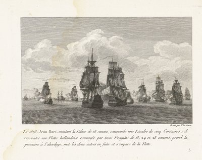 Jan Bart valt met zijn eskader een Hollandse vloot aan, 1676 1676-ban Jean Bart a 18 ágyús Palme-ra ülve egy öt Corsairből álló századot irányított (...) (cím a tárgyon) Jean-Bart, XIV. Lajos századparancsnok harcainak gyűjteménye (sorozat címe) alkotó: Yves Marie Le Gouaz
