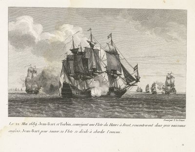 Jan Bart valt twee Engelse schepen aan, 1689 1689. május 22-én Jean-Bart és Forbin a flottát Le Havre-ból Brestbe szállítva két nagy angol hajóval találkoztak, Jean-Bart, hogy megmentse flottáját, úgy dönt, hogy megközelíti az ellenséget (cím a tárgyon) Gy alkotó: Yves Marie Le Gouaz