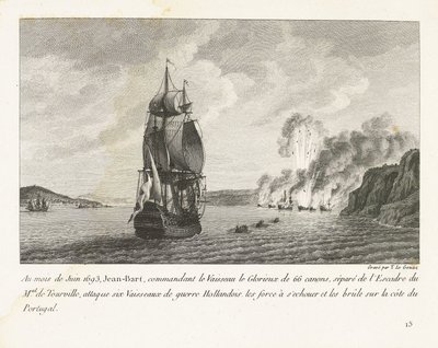 Jan Bart valt zes Hollandse schepen aan voor de kust van Portugália, 1693 1693 júniusában Jeaan-Bart, a 66 ágyús Vaisseau le Glorieux parancsnoka (...) hat holland hadihajót (...) támadott meg Portugália partjainál (cím a tárgyon) Rec alkotó: Yves Marie Le Gouaz