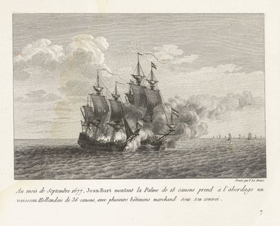 Jan Bart Ververt een Hollands Fregat, 1677 1677 szeptemberében Jean-Bart a 18 ágyús Palme fedélzetére szállt egy 36 ágyús holland hajóra, számos kereskedelmi hajóval a konvoj alatt (cím a tárgyon) harcok gyűjteménye alkotó: Yves Marie Le Gouaz