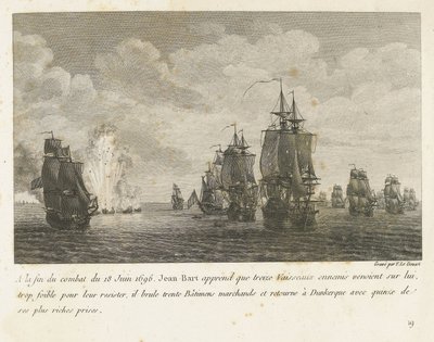 Treffen tussen een vloot onder Jan Bart en een Hollandse vloot, 1696 Az 1696. június 18-i harc végén Jean-Bart megtudja, hogy tizenhárom ellenséges hajó (...) és tizenöt leggazdagabb nyereményével (cím a tárgyon) visszatér Dunkerque-be. Comba gyűjteménye alkotó: Yves Marie Le Gouaz