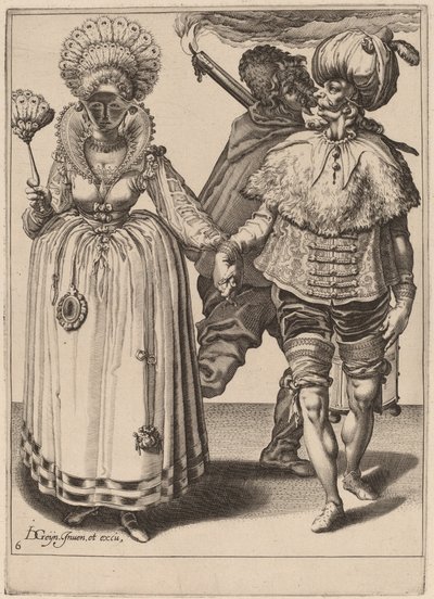 Egy turbános férfi, aki egy pávatollat viselő nőt vezet alkotó: Zacharias Dolendo after Jacques de Gheyn II