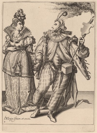 Egy nő, akit egy fáklyát tartó játékos vezet alkotó: Zacharias Dolendo after Jacques de Gheyn II