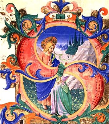 Mise 515 f.118r Történeti kezdetű "S", amely Krisztust ábrázolja, amint egy térdelő püspököt áldott meg, a határt Filippo di Matteo Torelli (1409-68) világította meg egy 1449 előtt kiadott kóruskönyvből (vellum) alkotó: Zanobi di Benedetto Strozzi