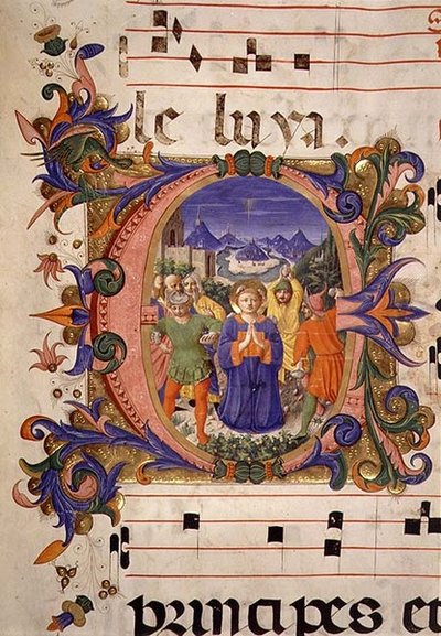 Mise 515 f.5r Szent István vértanúság történeti iniciáléval ábrázolva, a határt Filippo di Mateo Torelli (1409-68) világította meg egy 1449 előtt kivégzett kóruskönyvből (vellum) alkotó: Zanobi di Benedetto Strozzi