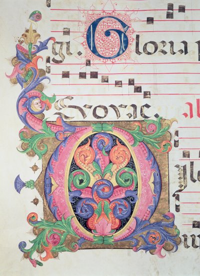 Missal 515 fol.146r Történelmi "O" kezdőbetű, lombokkal díszítve, részlet egy 1449 előtt készült kóruskönyvből alkotó: Zanobi di Benedetto Strozzi