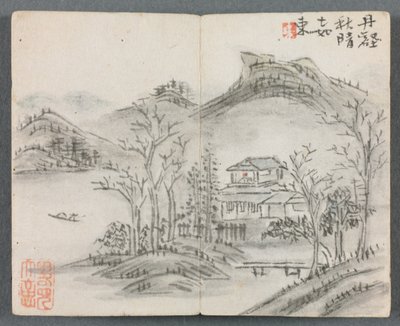 Miniatűr album figurákkal és tájkép Táj dombbal, házzal, csónakkal és híddal, 1822. alkotó: Zeng Yangdong