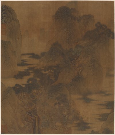 Táj: hegyszoros, köd, patak és épületek, Ming-dinasztia, XVII. alkotó: Zhang Hong