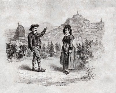 Auvergnats tánc a tölteléket Puy en Velay-ben, Franciaországban. 1900 körül (metszet) alkotó: . .