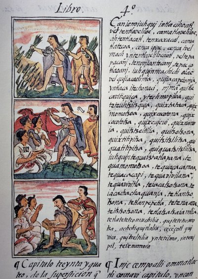 Hiedelmek és babonák, A Firenzei Kódex IV. könyve, Kétnyelvű változat spanyolul és nahuatl nyelven, Az új Spanyolország dolgainak általános története, azték civilizáció alkotó: Georg Carl Heinrich Dollmann