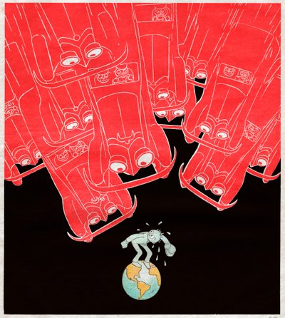 Autók támadják meg a föld utolsó gyalogosát. 1929 (Karikatúra) alkotó: . .