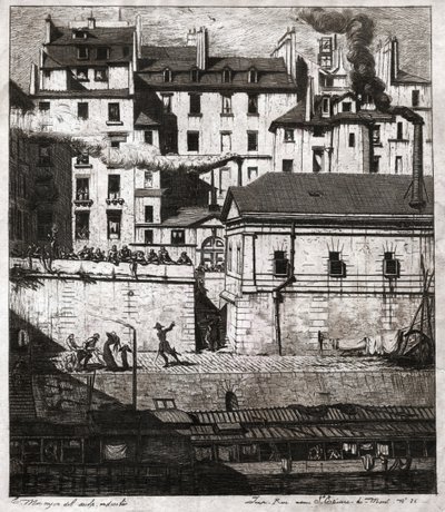 Helyszín rendőri beavatkozással a párizsi rakparton. 1860 körül (metszet) alkotó: . .