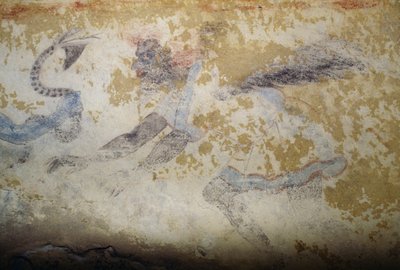 Démon, freskó, Kék démonok sírja, Tarquinia nekropolisza (UNESCO világörökségi lista, 2004), Lazio, Olaszország, etruszk civilizáció, Kr.e. 5. század (fotó) alkotó: Georg Carl Heinrich Dollmann