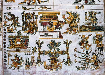 Részlet egy fakszimilából A Codex Borgia egy oldalának másolata, amelyen a négy irány és a középpont látható (színes litó) alkotó: Hippolyte Lalaise Devéria