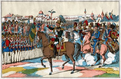 Sándor császár áttekinti csapatait a törökországi hadüzenet előtt (1877). 1880 körül (illusztráció) alkotó: . .