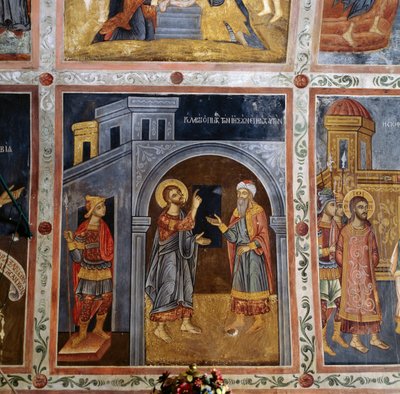 Jézus Poncius Pilátushoz beszél, freskókkal díszített boltozat Jézus életének jeleneteivel, Mikro Sotiris kolostor, Symi sziget, Görögország (fotó) alkotó: Georg Carl Heinrich Dollmann