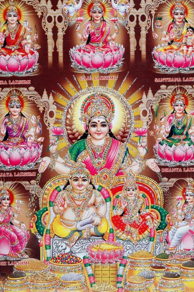 Lakshmi, Visnu felesége, a jólét, a jó szerencse és a szépség istennője. alkotó: . .