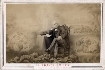 Párizsi Kommün: „Franciaország békében” című portré Louis Adolphe Thiersről (1797-1877) a sárkányon ülve, a kommün valószínű jelképe alkotó: Frederick (attr. to) Barnard