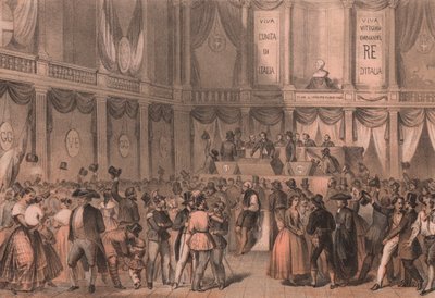 Népszavazás az Olaszországhoz csatolásért, Nápolyi Egyetem aula, Campania, Olasz Risorgimento, Carlo Perrin litográfiája Carlo Bossoli (1815-1884) rajzából, 22x15 cm alkotó: William Walcutt