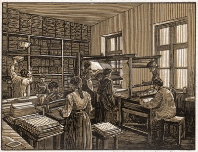 Nyomda Budapesten, Magyarország: borítás és könyvkészítés. Női munka. kb. 1910 (illusztráció) alkotó: . .