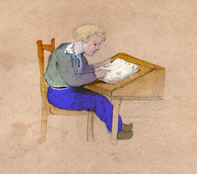 Iskolás fiú dolgozik az asztalán. 1830 körül (illusztráció) alkotó: . .