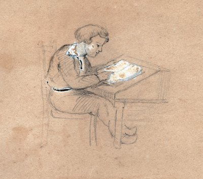 Iskolás fiú dolgozik az asztalán. 1830 körül (illusztráció) alkotó: . .