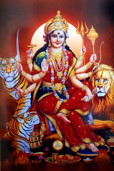 Shiva hindu templom. Durga hindu istennő képe. alkotó: . .