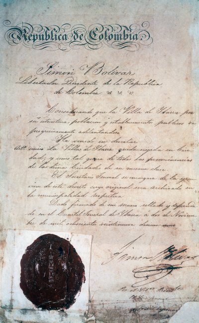 november 2-án az a törvény, amellyel Simon Bolivar San Miguel de Ibarra városát, a környező tartomány fővárosát abban az időben Nagy-Kolumbia (ma Ecuador) részévé nyilvánította. alkotó: Georg Carl Heinrich Dollmann