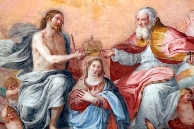 A Szűzanya koronázása. Friss. A Santissima Annunziata del Vastato-bazilika. Genova. Olaszország. alkotó: . .