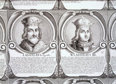 Wladyslaw II Jagiello és Wladyslaw III Warnenczyk, sz. 36. és 37. „A lengyelek hercegeinek és királyainak kronológiai sorozatából” (metszet) alkotó: . .