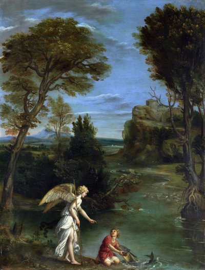Tájkép Tóbiással, aki a halat fogja alkotó: Domenichino