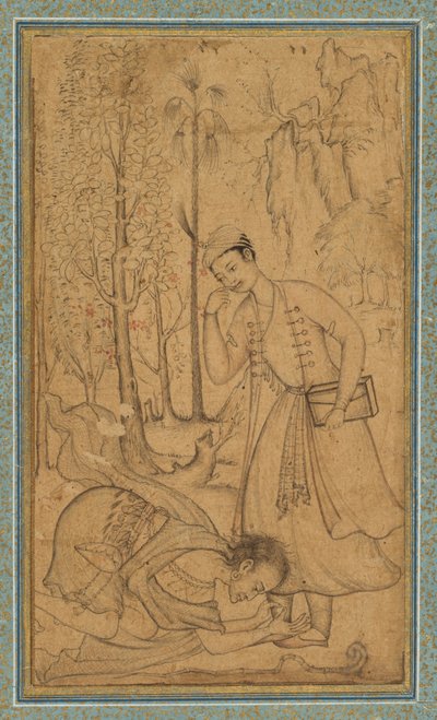 Egy tanult herceg előtt leboruló szent ember, c. 1585, szegély valószínűleg 1700-as évek. alkotó:   Manohar