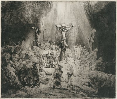 Krisztus keresztre feszítve a két tolvaj között (a három kereszt) alkotó: Rembrandt van Rijn
