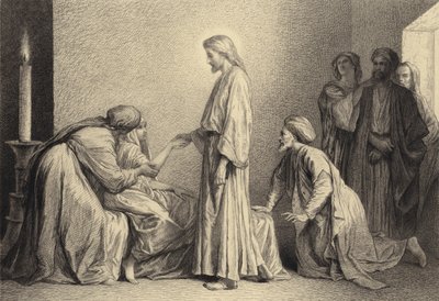 Jézus feltámaszt egy kisgyermeket a halálból alkotó: after Albert Robida