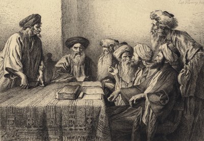 Júdás a Szanhedrin előtt alkotó: after Albert Robida