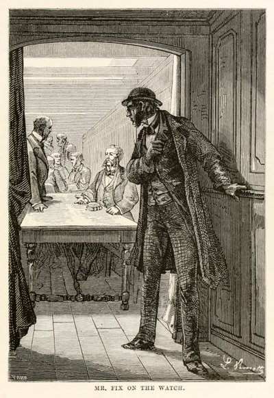 Mr. Fix az órán, Jules Verne (1828-1905) A világ körül nyolcvan nap alatt című művéből, Louis Dumont (sz. 1822) metszet, 1873 alkotó: after Alphonse Marie de Neuville