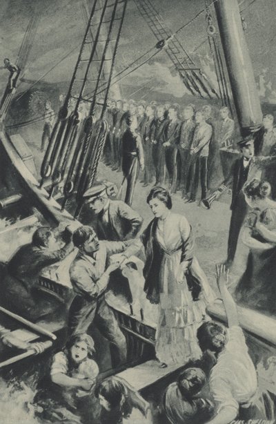 A Birkenhead emberei odafigyelnek, miközben a hajó lezuhan a vízben alkotó: after Charles Mills Sheldon