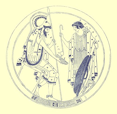 Egy ülő harcos tartja a borospoharát, illusztrációja J. E. Harrison és D. S. MacColl görög vázafestményeiből, 1894-ben (digitálisan javított kép) alkotó: after English School