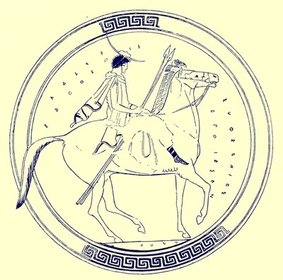 Fiú lovon, illusztráció a J. E. Harrison és D. S. MacColl görög vázafestményeiből, 1894-ben (digitálisan javított kép) alkotó: after English School