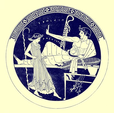 Táncoló lány és lakomázó fiatalság, illusztráció J. E. Harrison és D. S. MacColl görög vázafestményeiből, 1894-ben (digitálisan javított kép) alkotó: after English School